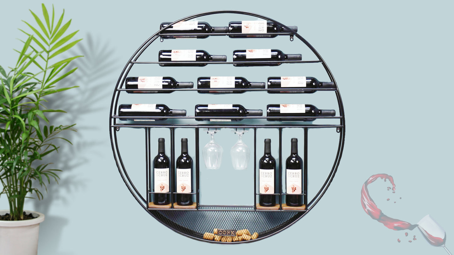 ROUND WALL HANGING WINE RACK 14 BOTTLES